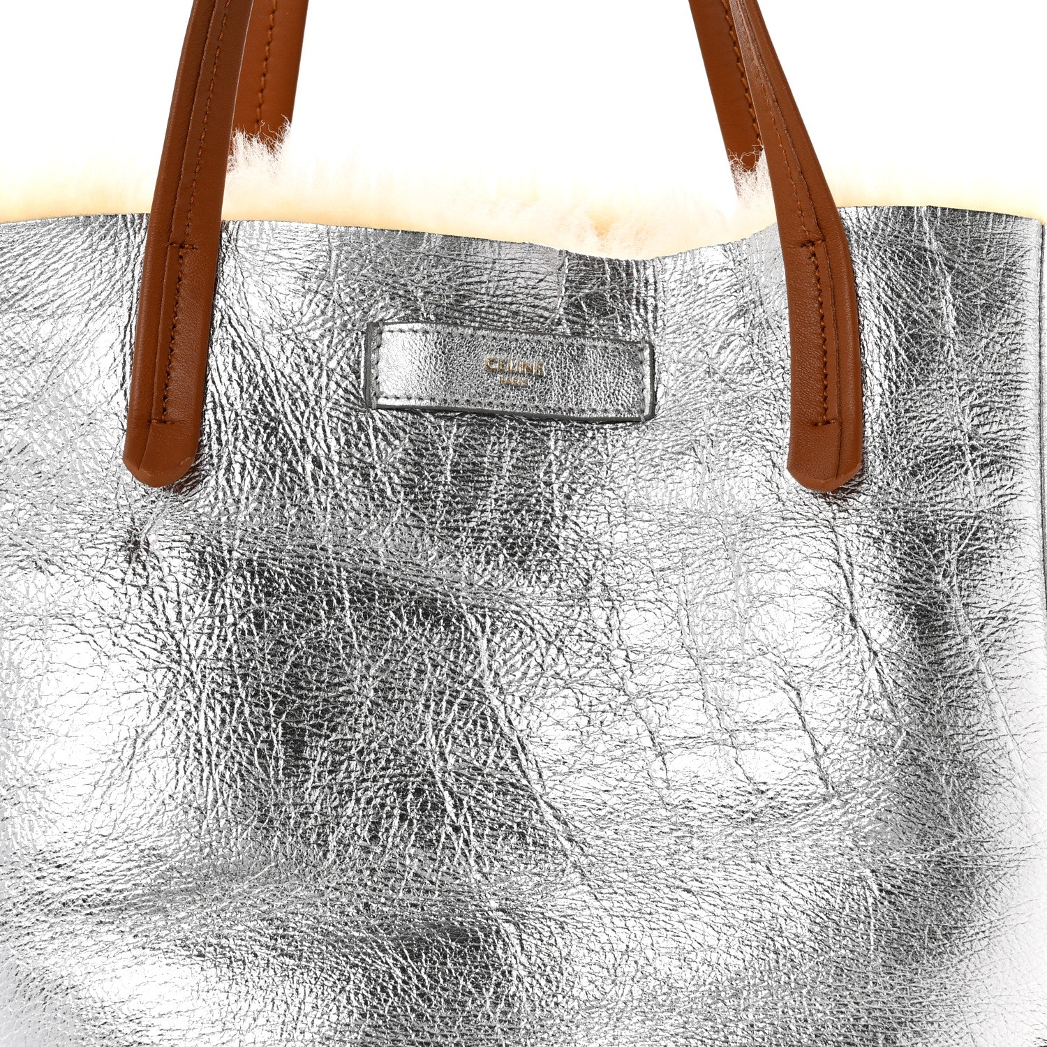 Metallic Lambskin Shearling Medium Phantom Cabas Reversible Tote Natural Silver - Top Club