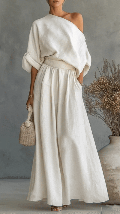 Women's Elegant Off-Shoulder Shirt and Wide-Leg Pants Two-Piece Set - Nordfashionstorm - Women's Clothing, Fashion for You - Nordfashionstorm.com