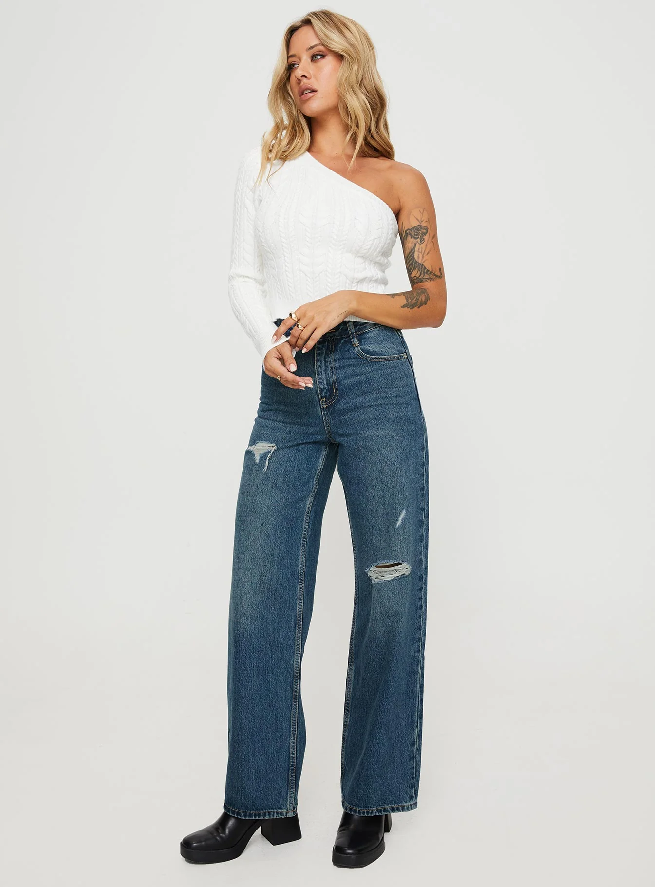 Beetle High Rise Wide Leg Ripped Jeans Mid Wash