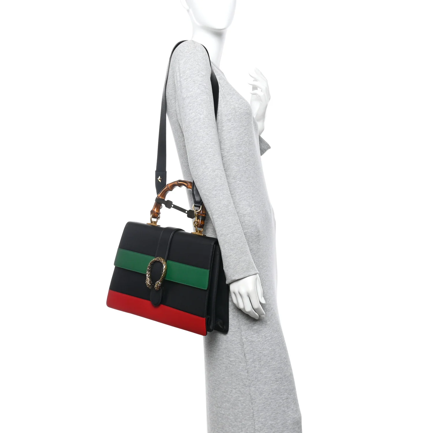 Moon Calfskin Web Large Dionysus Bamboo Top Handle Bag Black Bright Evergreen Hibiscus Red
