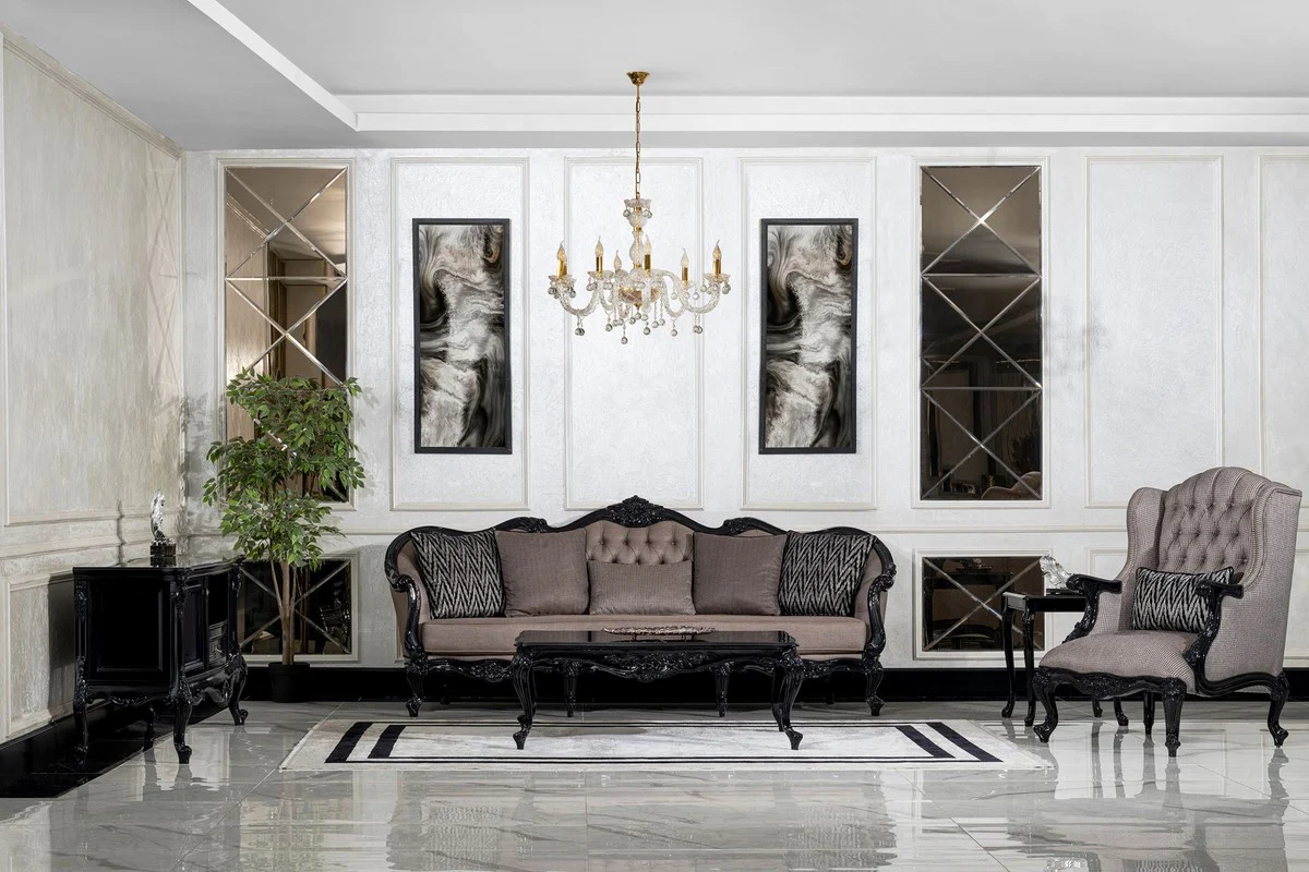 Luxury Baroque Living Room Sofa Gray / Black - Magnificent Baroque Style Sofa with Decorative Cushions - Luxury Living Room Furniture in Baroque Style - Baroque Furniture - Noble & Magnificent