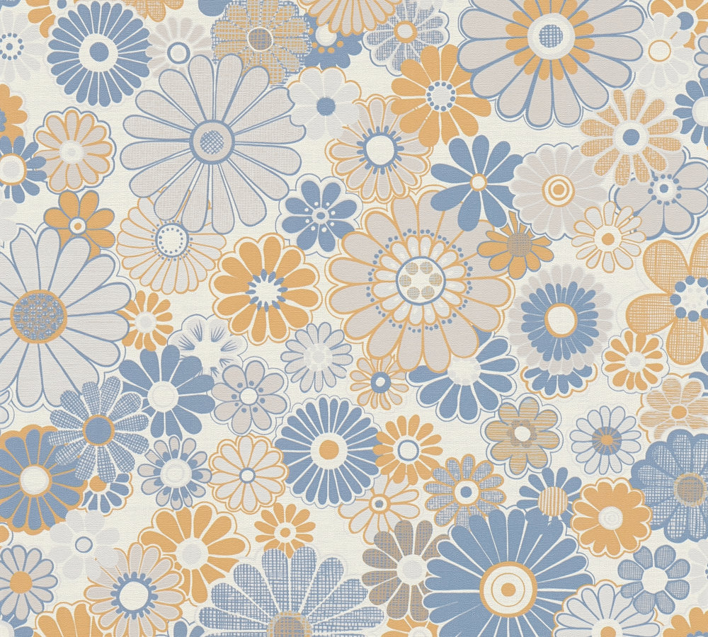 Vliesbehang met bloemmotief in retro stijl - blauw, oranje, grijs #1