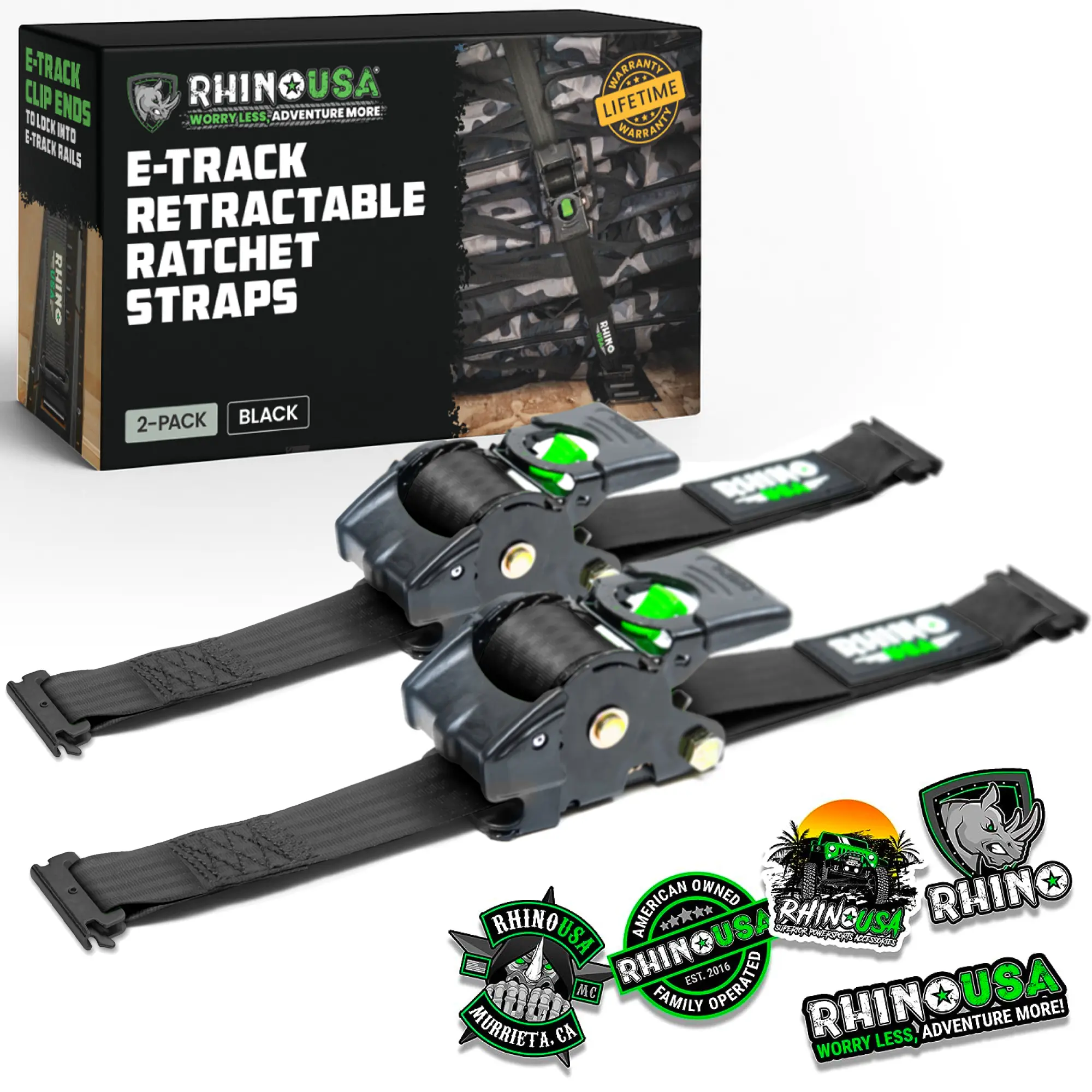 Rhino USA 2”x10’ Retractable E-Track Ratchet Straps: 3033lb Max Break Strength Compatible with E Track Rail Systems only