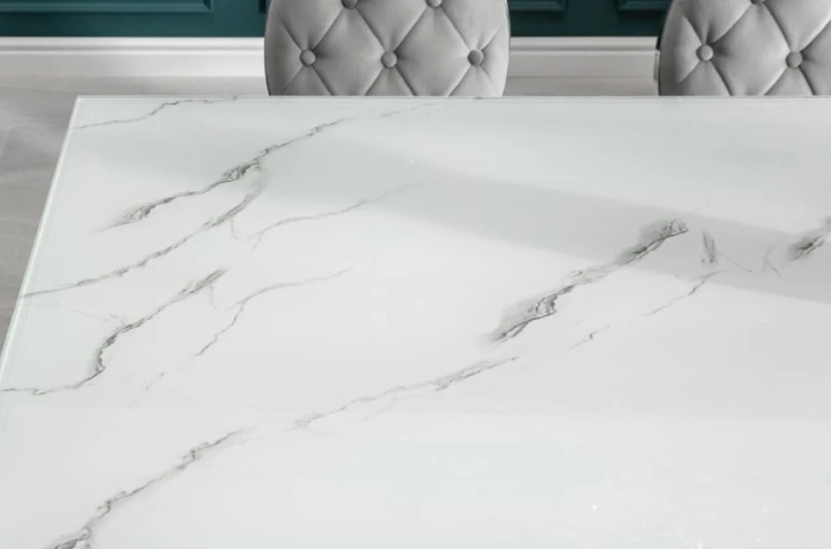 Designer dining table white / gray / silver 200 x 105 x H. 75 cm - Rectangular stainless steel kitchen table with digitally printed safety glass in a marble look - Modern baroque furniture