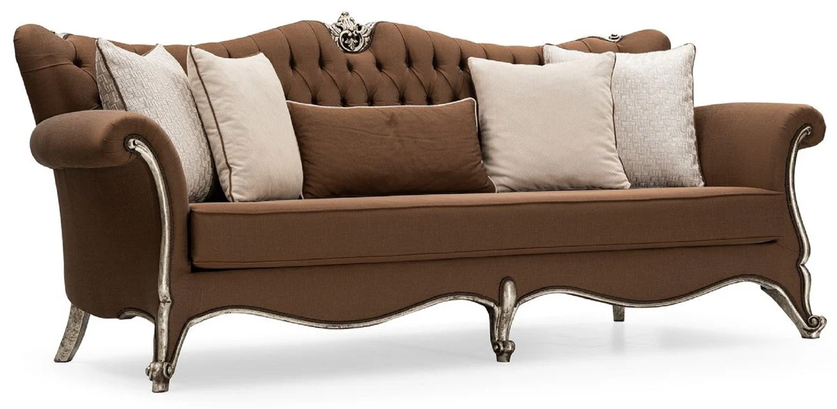Luxury Baroque Living Room Set Brown / Cream / Antique Silver - 2 Sofas & 2 Armchairs & 1 Coffee Table & 2 Side Tables - Handcrafted Living Room Furniture in Baroque Style - Noble & Magnificent