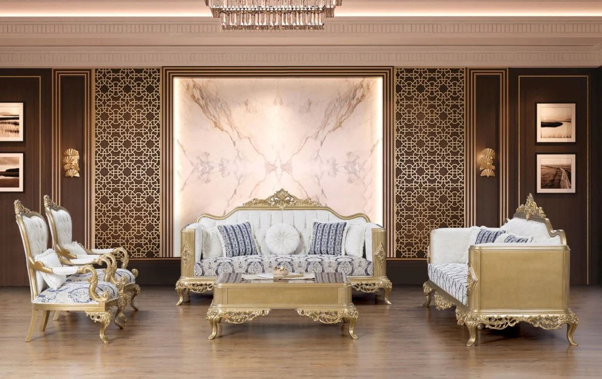 Luxury Baroque Living Room Set Blue / White / Gold - 2 Sofas & 2 Armchairs & 1 Coffee Table - Magnificent Baroque Furniture - Living Room Furniture