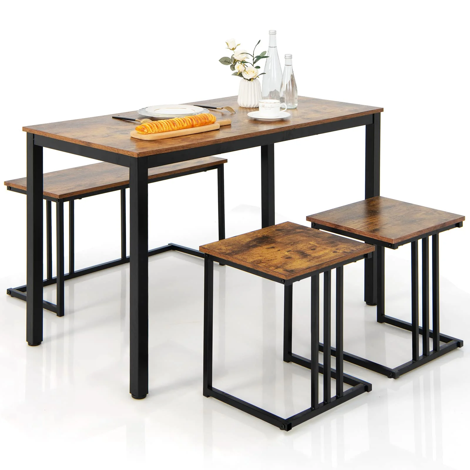 BEFOUNDLOVELY 4 Piece Dining Table Set for 4 with Bench & 2 Stools, Space-Saving Desk Set
