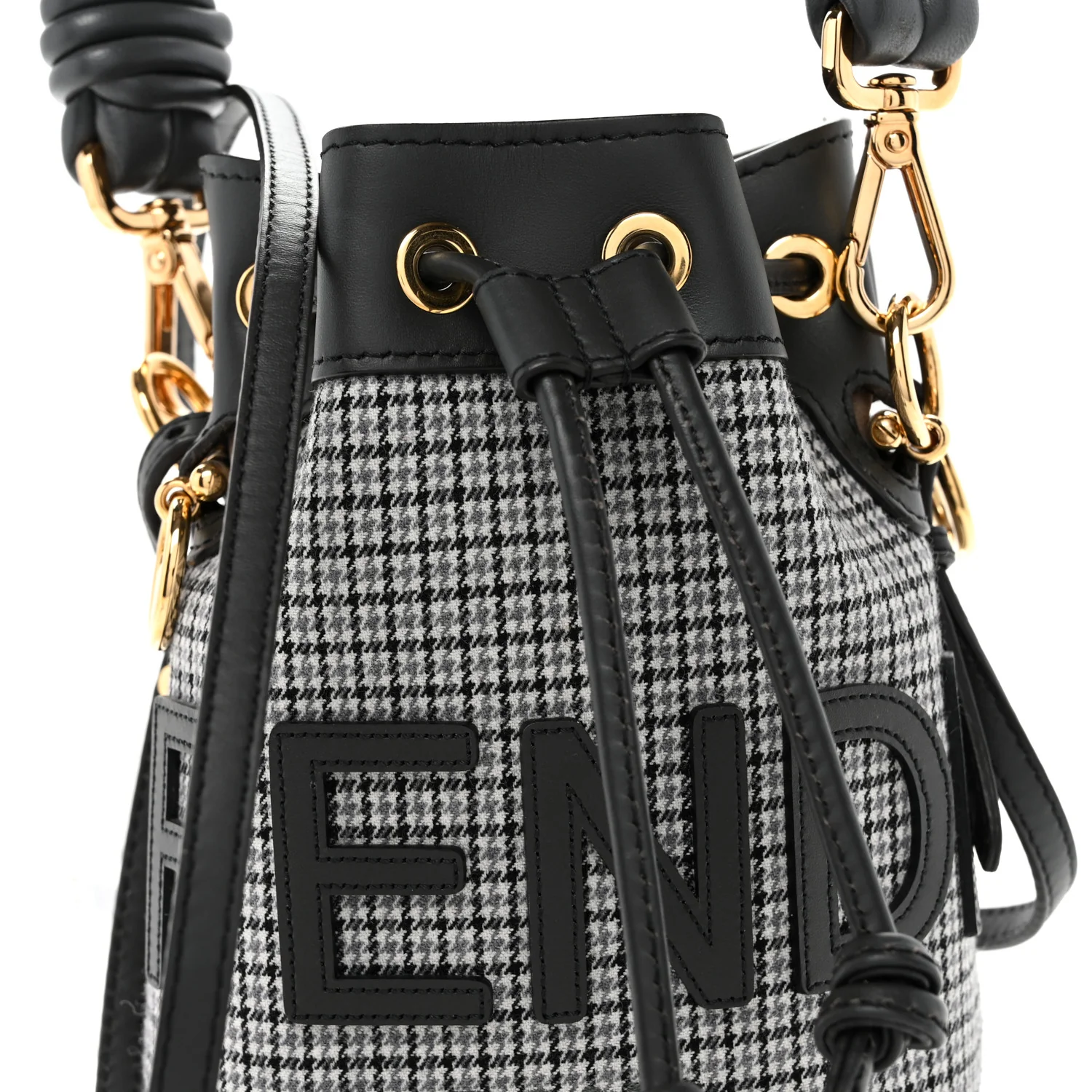 Wool Vitello Grace Small Houndstooth Mini Mon Tresor Bucket Bag Grigio Anthracite - Top Club