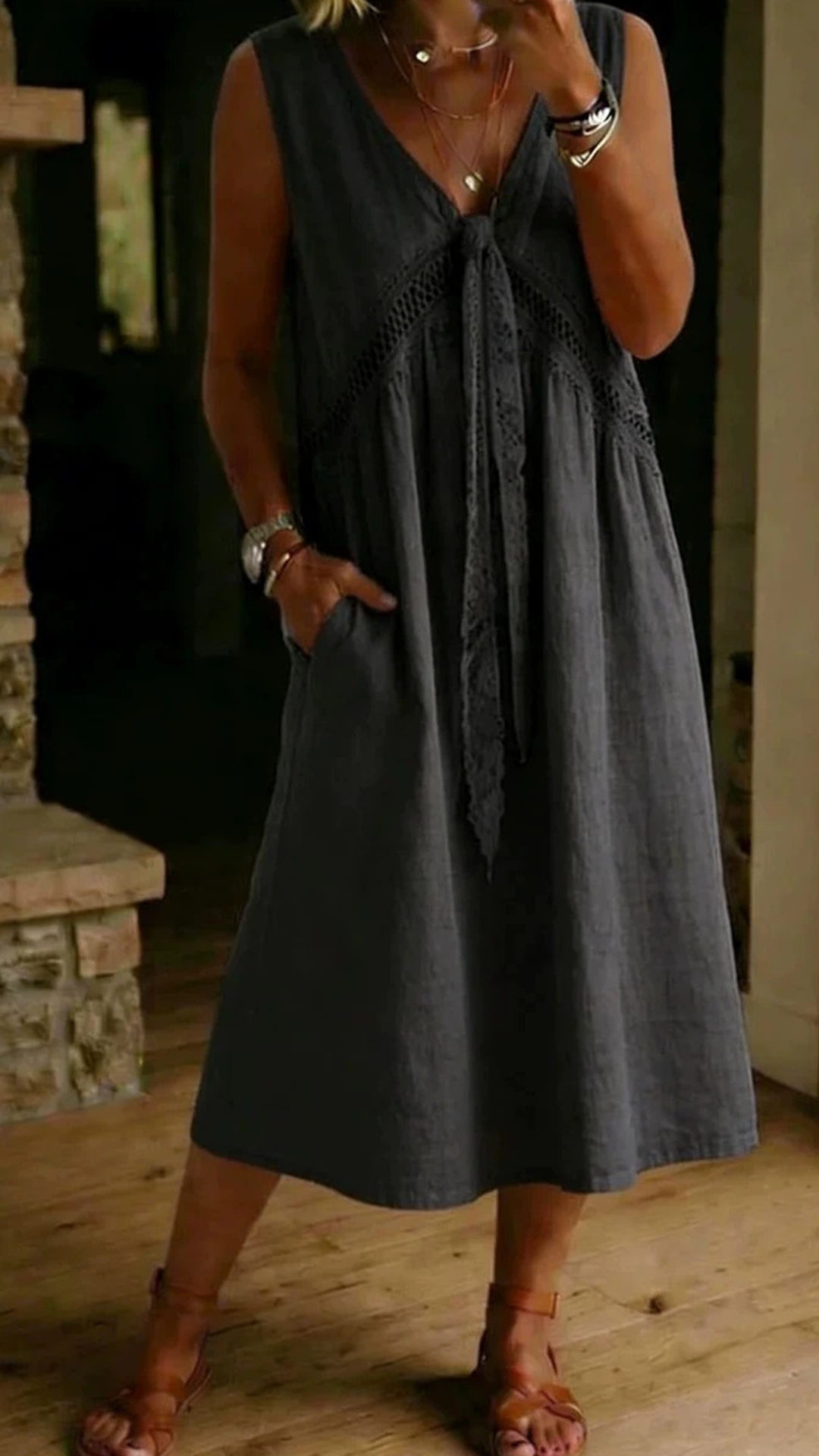 Women's Cotton‑blend V‑neck Lace Hollow Tie‑detail Sleeveless Midi Dress - Nordfashionstorm - Women's Clothing, Fashion for You - Nordfashionstorm.com