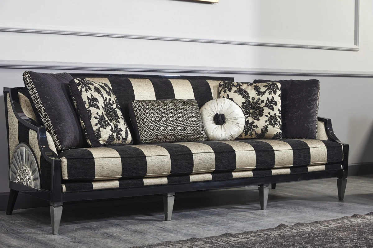 Luxury Baroque Living Room Set Black / Gold / Silver - 1 Sofa & 2 Armchairs & 1 Coffee Table & 1 Side Table - Baroque Furniture