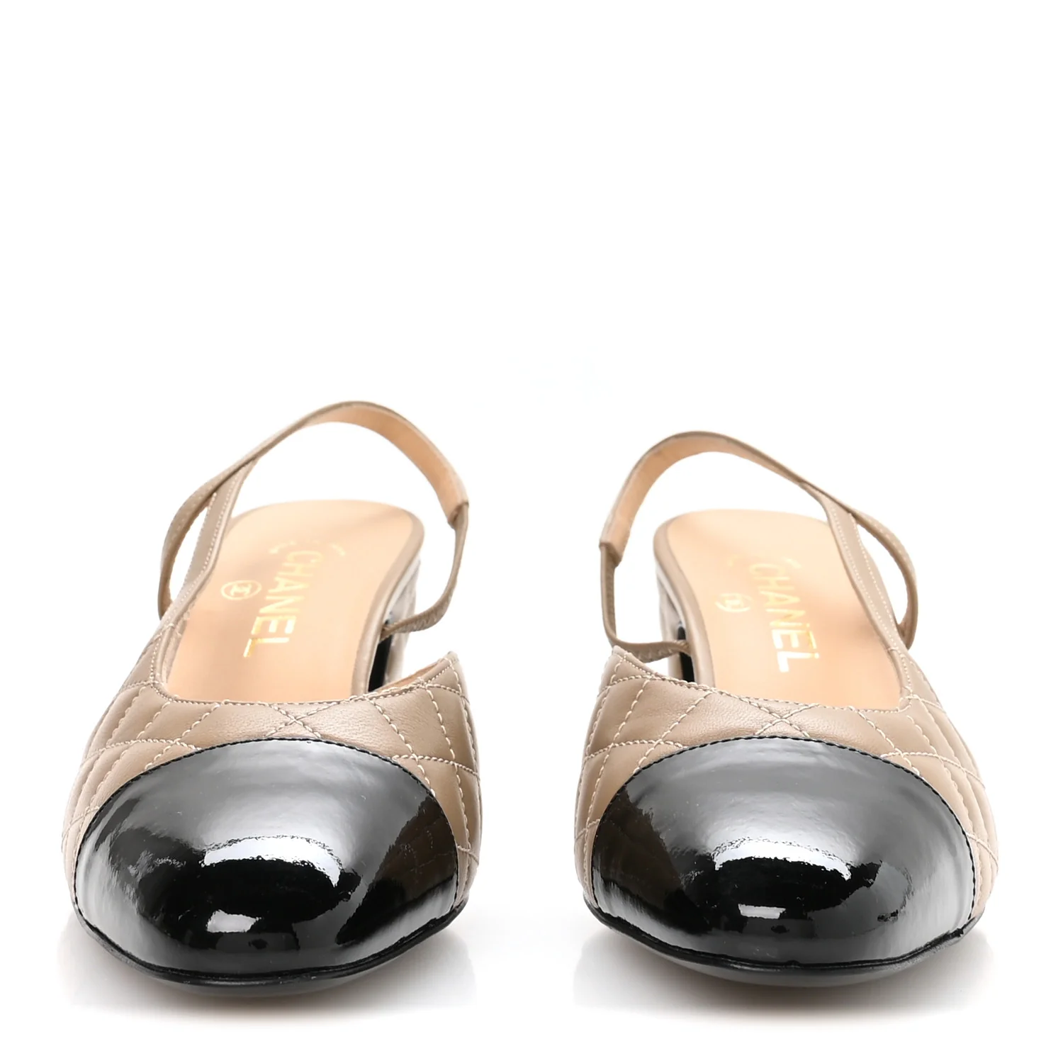 Lambskin Patent Calfskin Quilted Cap Toe CC Slingback Pumps 39.5 Beige Black - Top Club