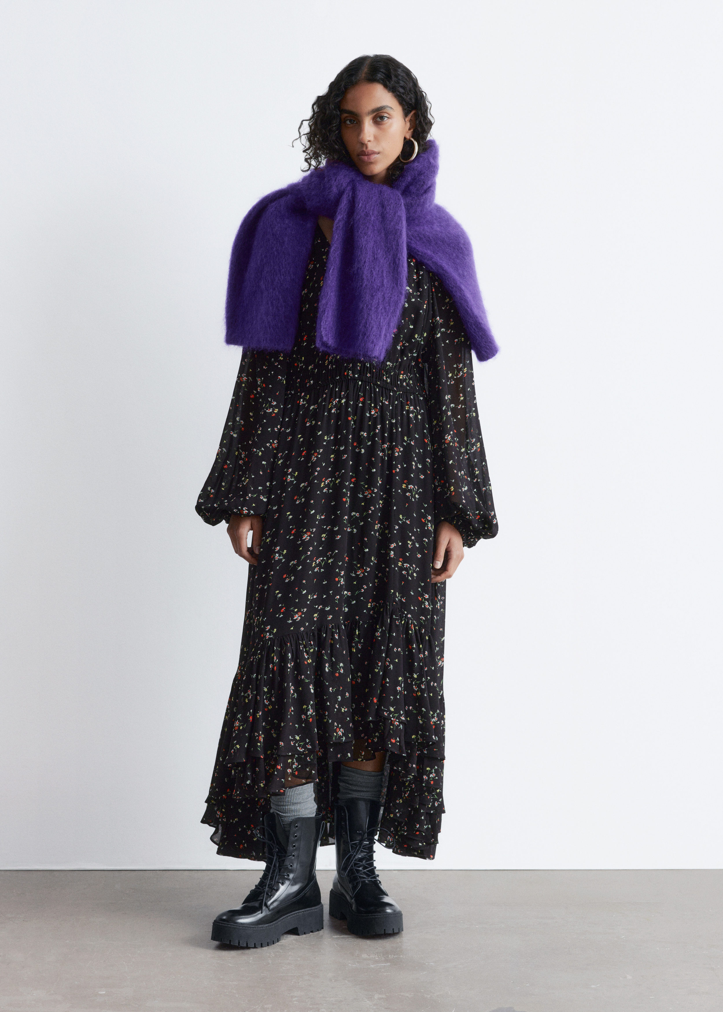 & Other Stories LONG-SLEEVE FRILLED MAXI DRESS