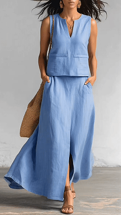 Women's Sleeveless Solid-Color Cotton-Linen Set: V-Neck Top & Casual Skirt with Side Pockets - Nordfashionstorm - Women's Clothing, Fashion for You - Nordfashionstorm.com