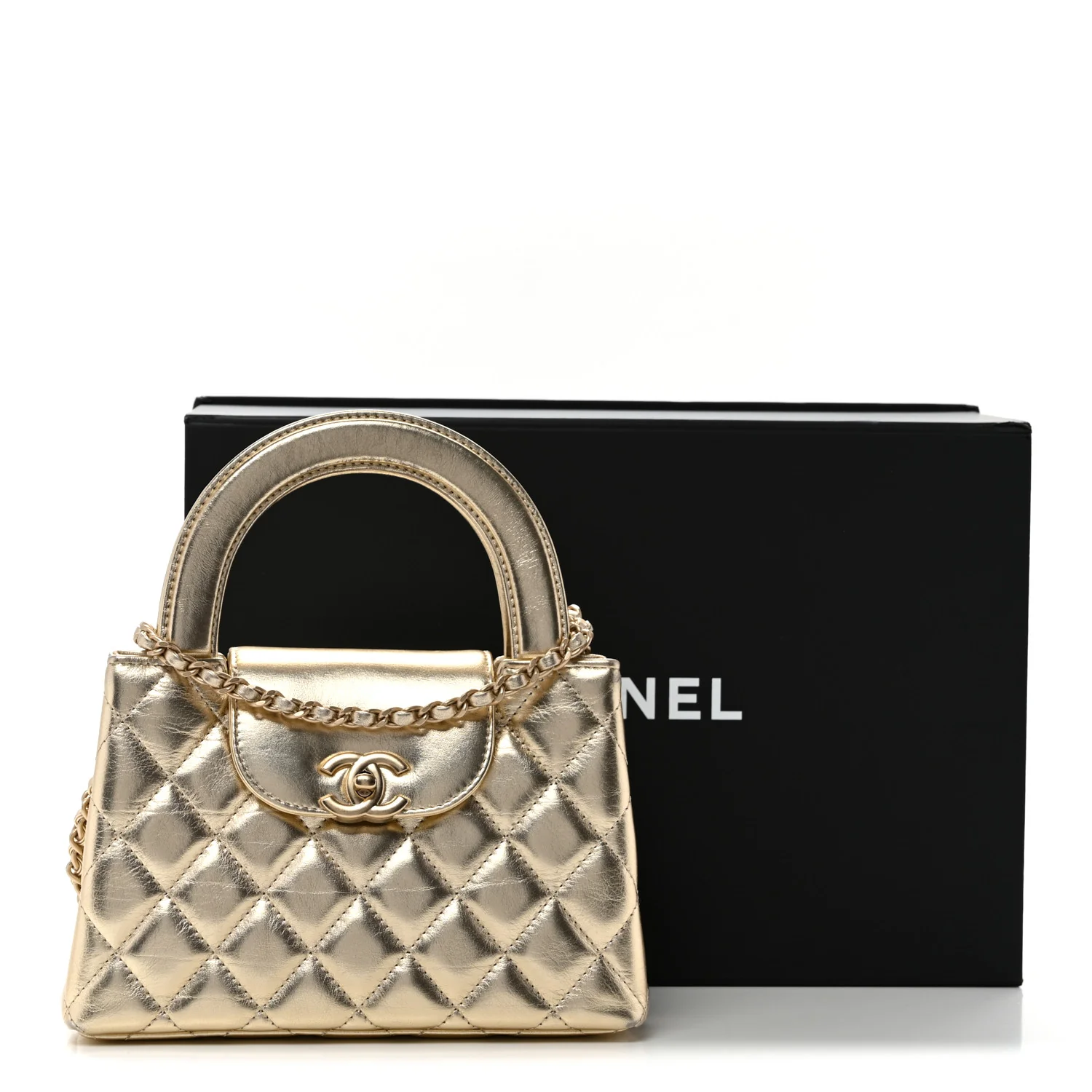 Metallic Shiny Aged Calfskin Quilted Nano Kelly Shopper Gold - Top Club