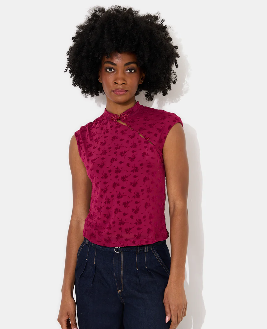 Pimkie Top col mao en résille avec motif fleurs