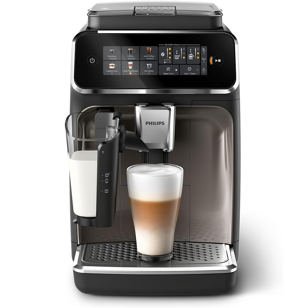 Philips 3300 Series Fully Automatic Espresso Machine - 6 Drinks, Modern Color Touch Screen Display, LatteGo Milk System, SilentBrew, 100% Ceramic Grinder, AquaClean Filter, Black Chrome (EP3347/90)
