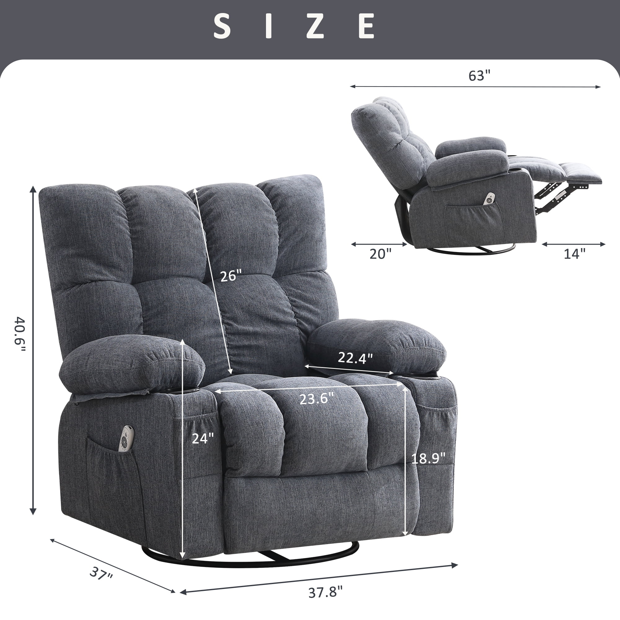 JONPONY Manual Recliner Chair with Heat Therapy and Massage Function, Heavy Duty Reclining Mechanism Massage Chair, Elderly Single Rocker Sofa with Cup Holders for Bedroom Home Theater, Grey