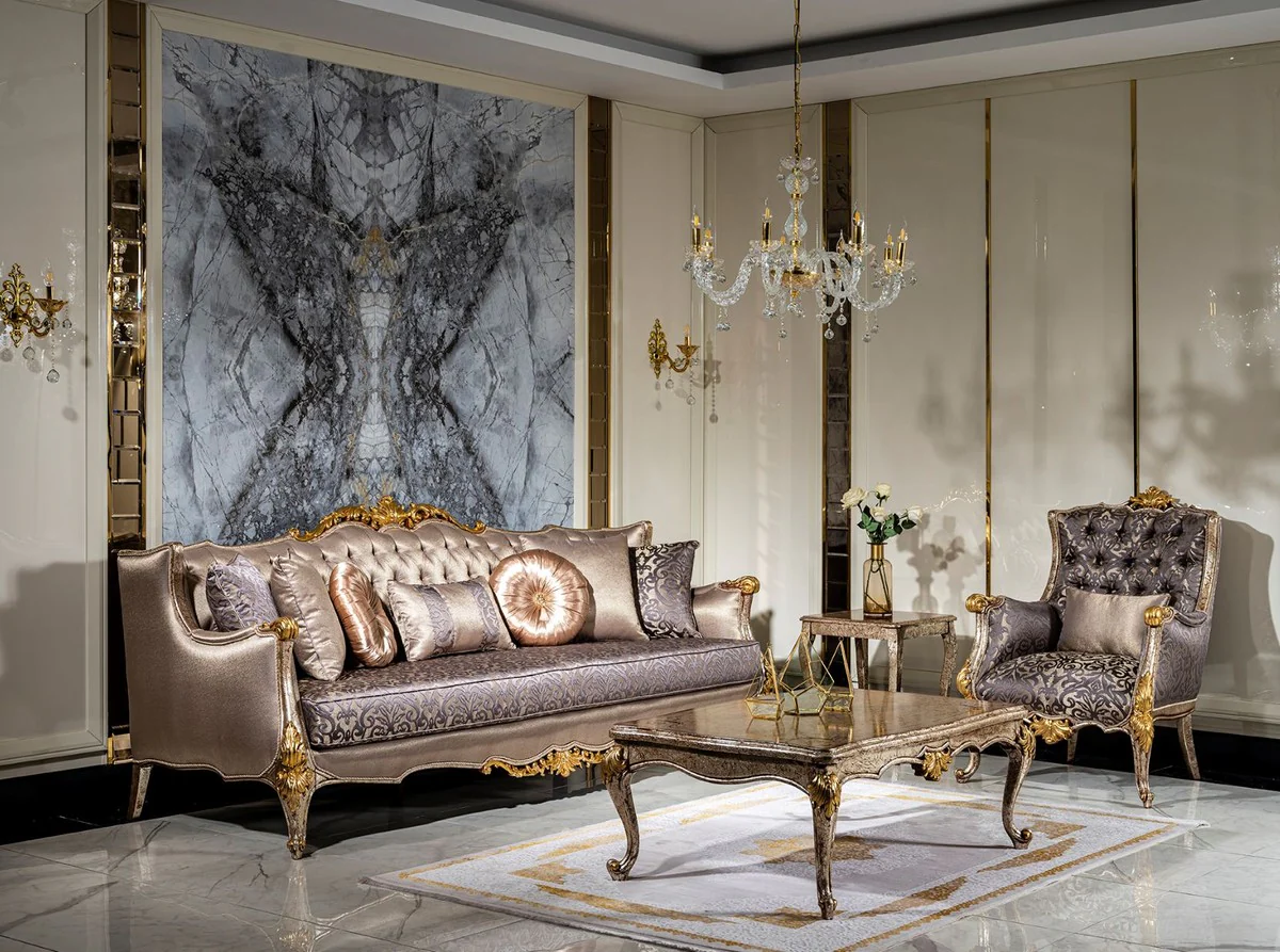 Luxury baroque living room set silver / purple / antique silver / brown / gold - 2 sofas & 2 armchairs & 1 coffee table - magnificent living room furniture in baroque style