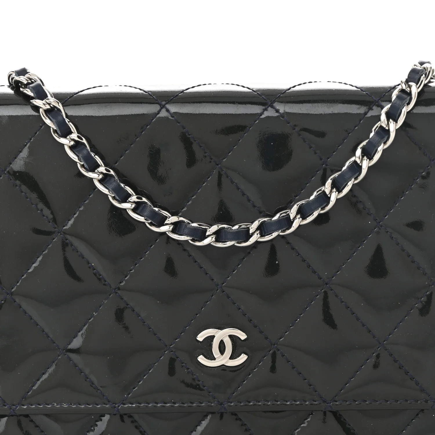 Patent Quilted Wallet On Chain WOC Navy Blue - Top Club
