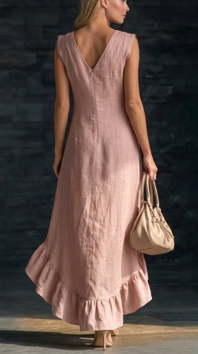 Women's Sleeveless V-Neck Cotton-Linen Maxi Dress with Ruffled Hem - Nordfashionstorm - Women's Clothing, Fashion for You - Nordfashionstorm.com