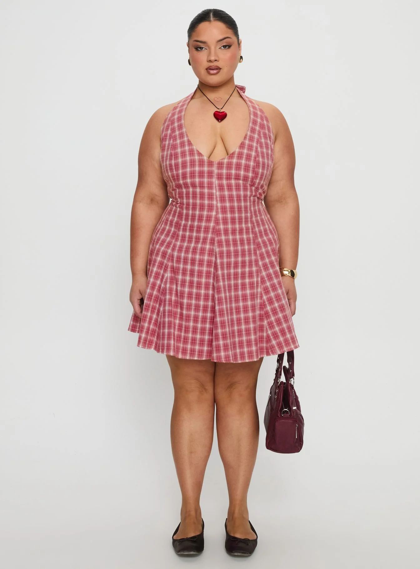 Out Of Nowhere Halter Mini Dress Red Check Curve