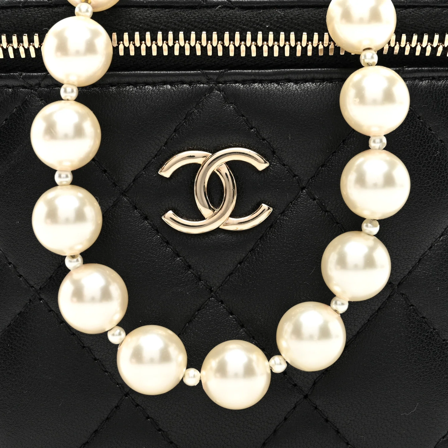 Lambskin Quilted Mini Vanity Case With Pearl Chain Black - Top Club
