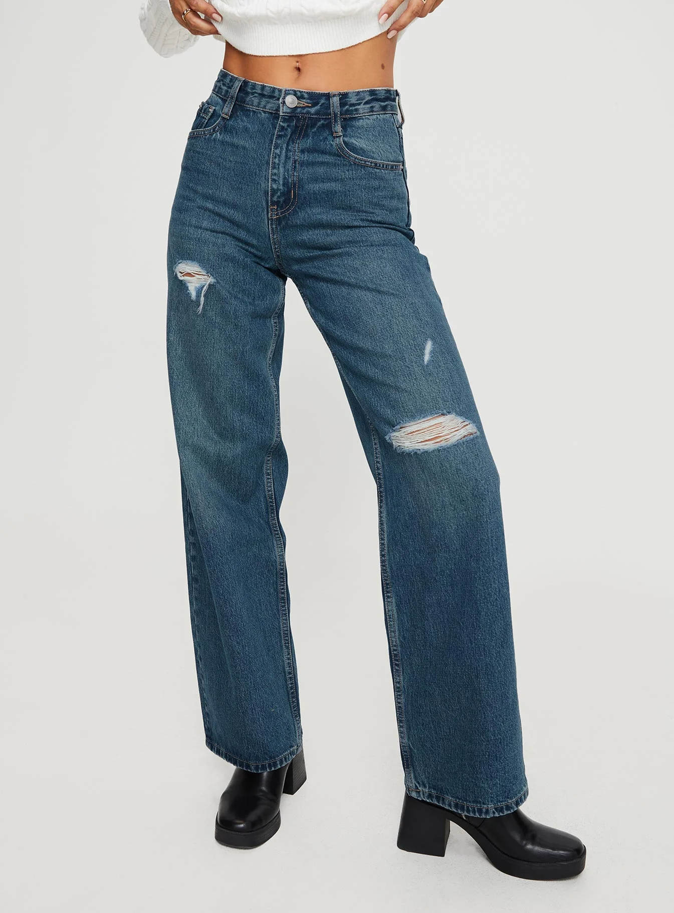 Beetle High Rise Wide Leg Ripped Jeans Mid Wash