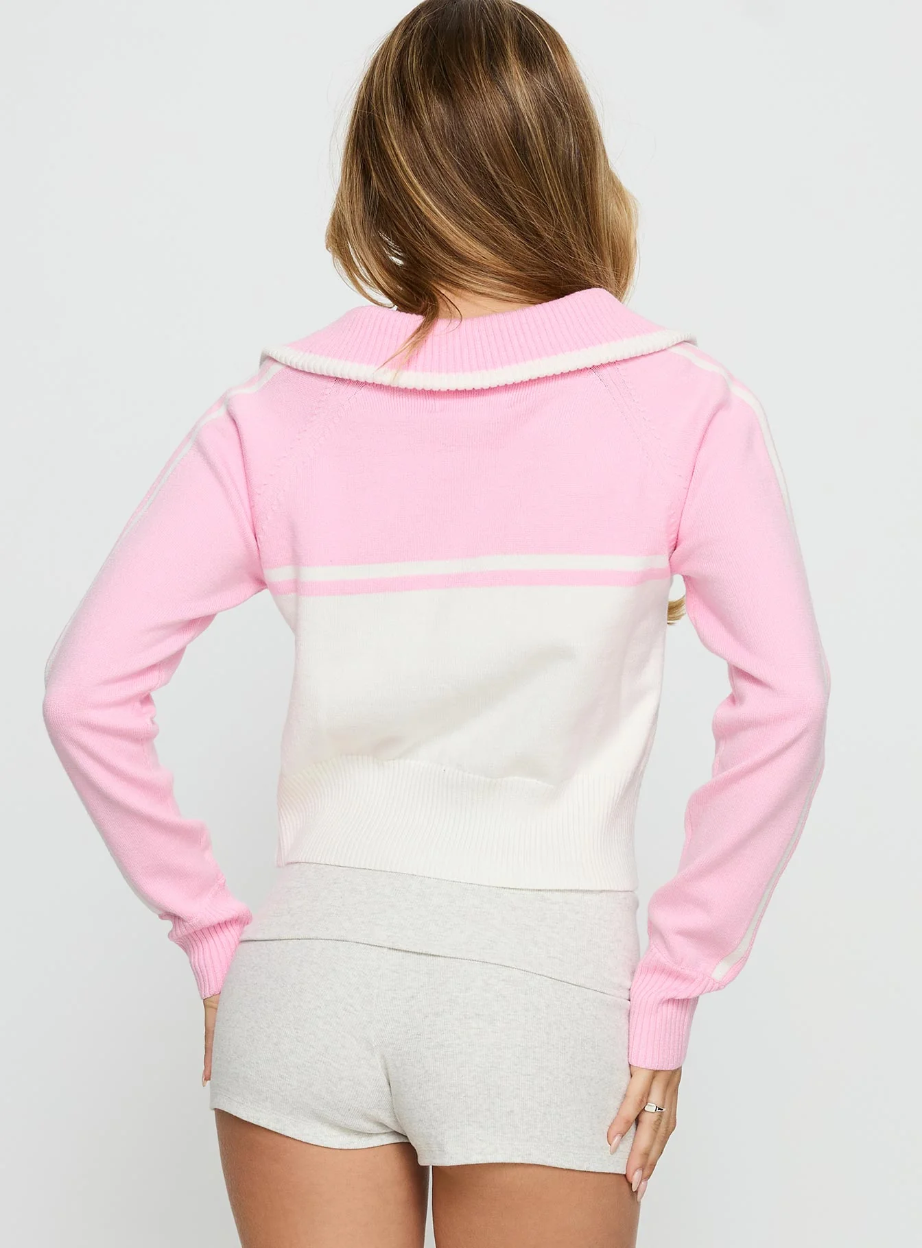 Take The Lead Zip Through Knit Sweater Pink / White