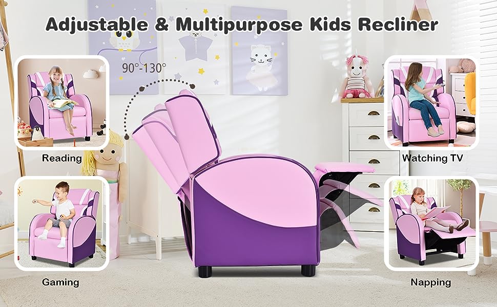 Eletriclife Kids Recliner Chair Adjustable PU Leather Gaming Sofa with Footrest, Lumbar Support & Side Pockets