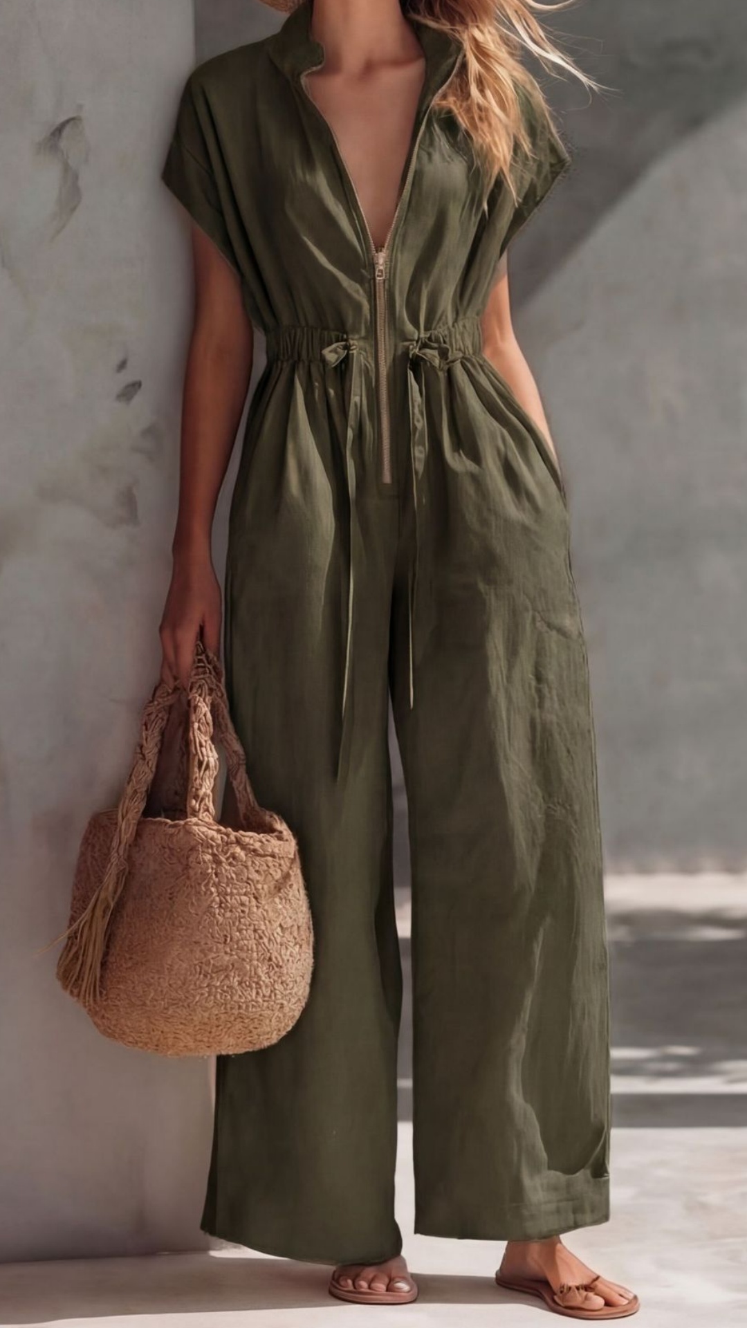 Women's V-Neck Stand-Collar Zip-Front Drawstring Jumpsuit - Nordfashionstorm - Women's Clothing, Fashion for You - Nordfashionstorm.com