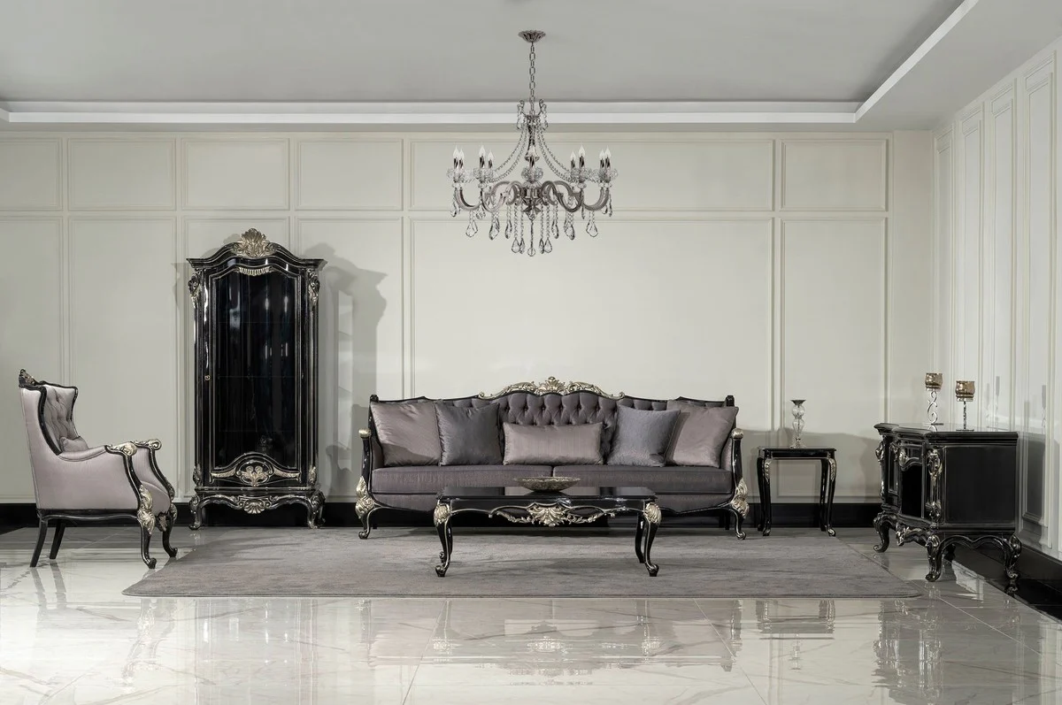 Luxury baroque display cabinet black / silver - magnificent solid wood display cabinet with glass door - handmade baroque furniture - noble and magnificent