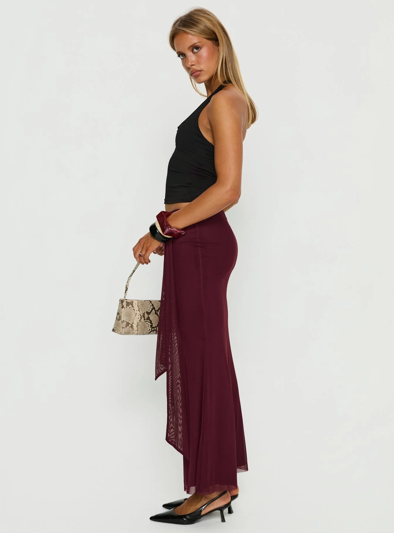 Caviar Tie Maxi Skirt Currant