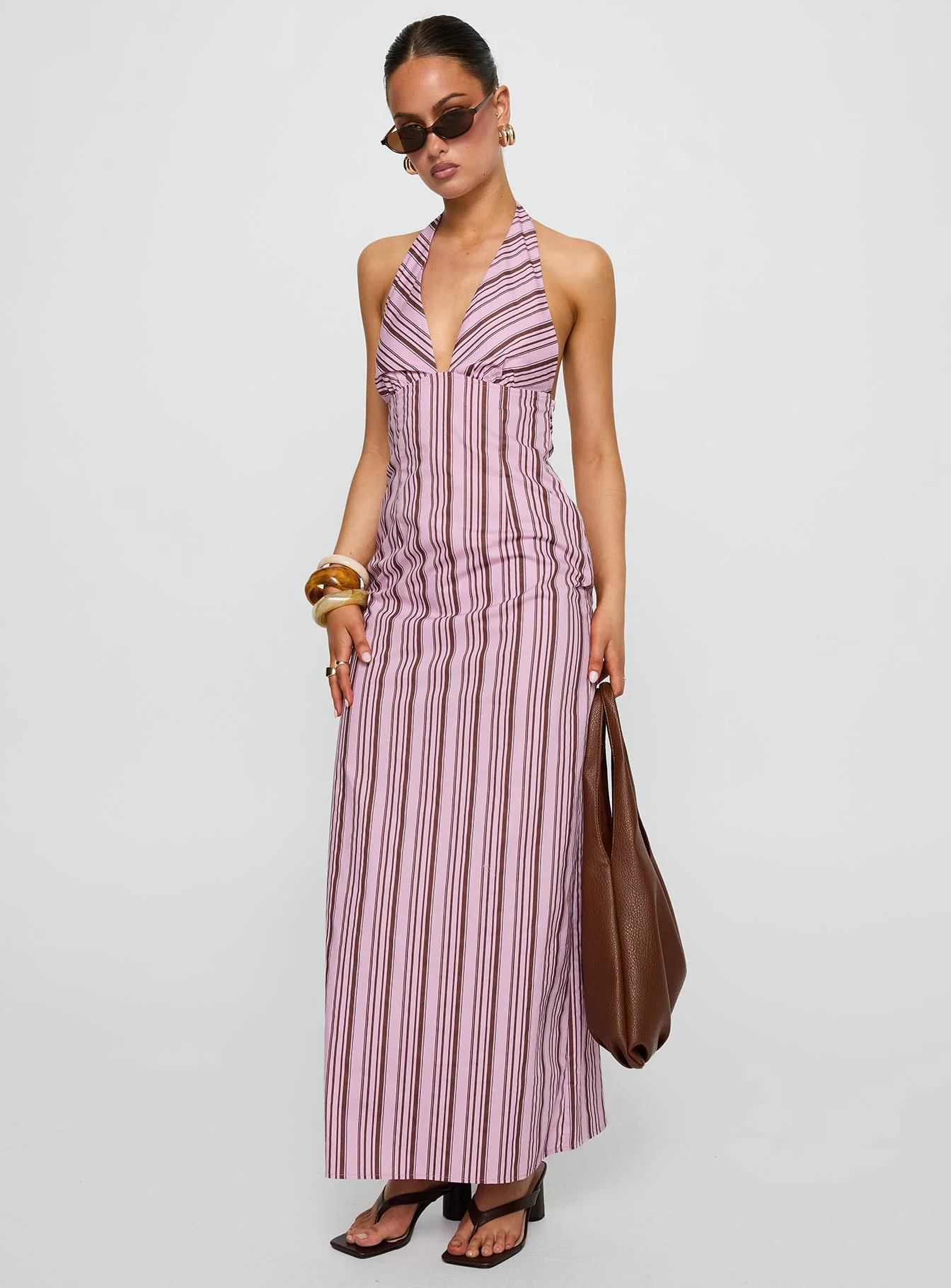 Avrie Halter Maxi Dress Pink / Brown Stripe
