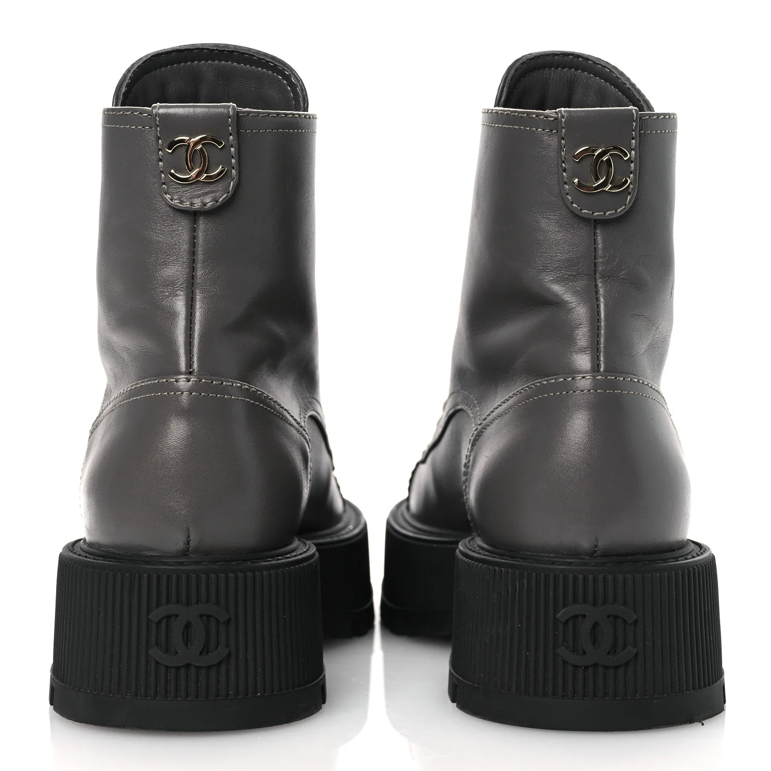 Calfskin Patent Calfskin CC Lace Up Combat Boots 36.5 Gray Black - Top Club