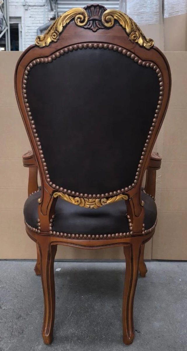 Luxury baroque leather dining chair with armrests black / brown / gold H. 108 cm