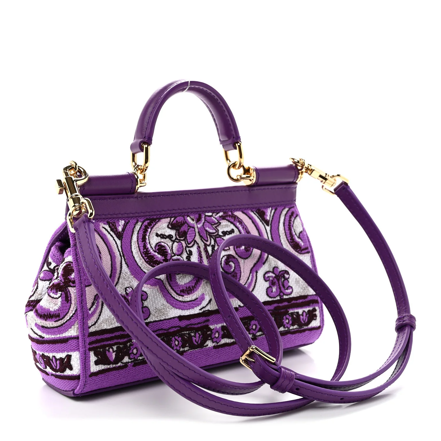 Canvas Embroidery Majolica Small Sicily Handbag Purple - Top Club