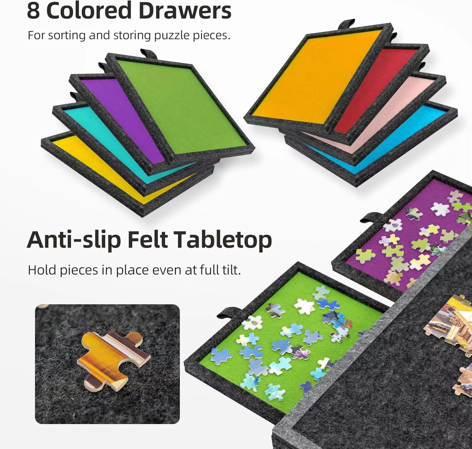 Dark Grey Felt 2000-Piece Eco-friendly Durable Lightweight Foldable Tilting Puzzle Board 8 Colored Drawers Protective Cover