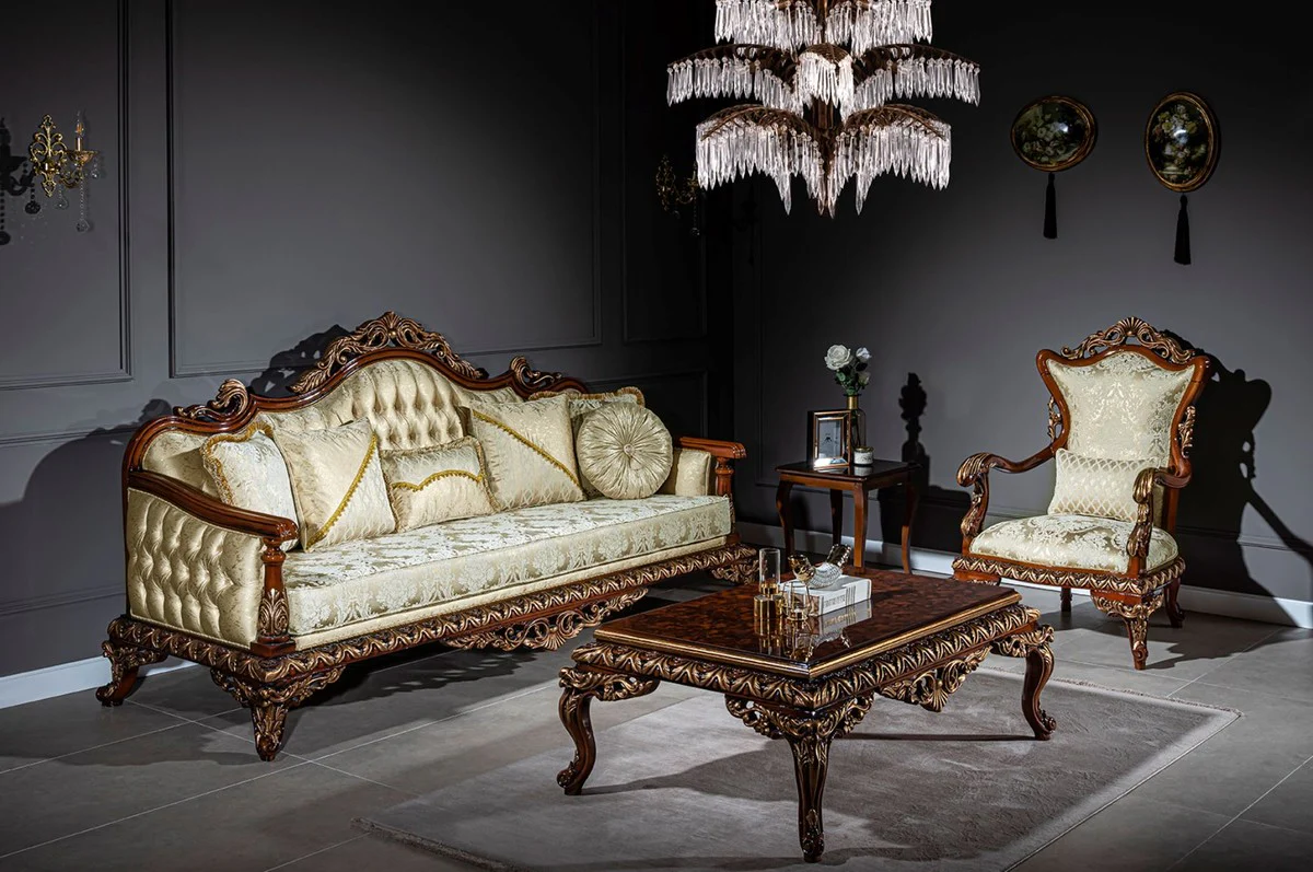 Luxury baroque coffee table brown / bronze 133 x 90 x H. 48 cm - solid wood living room table with elegant decorations - living room furniture in the baroque style