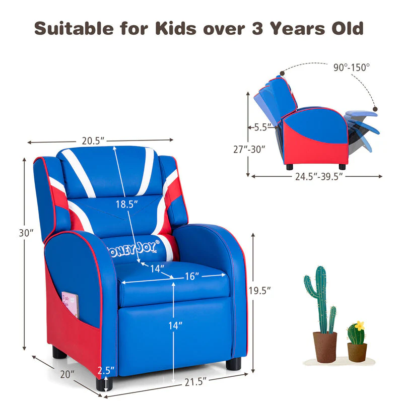 Kids Recliner Chair, Adjustable PU Leather Gaming Sofa with Footrest, Lumbar Support & Side Pockets, Ergonomic Children Lounge Armchair