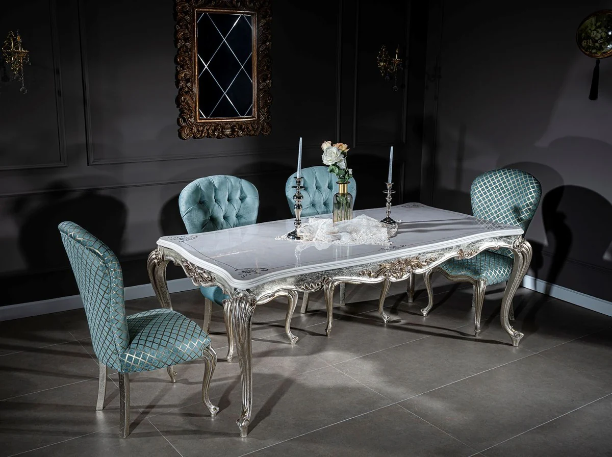 Luxury baroque dining table white / silver / gold 207 x 112 x H. 82 cm - solid wood dining room table - noble baroque dining room furniture