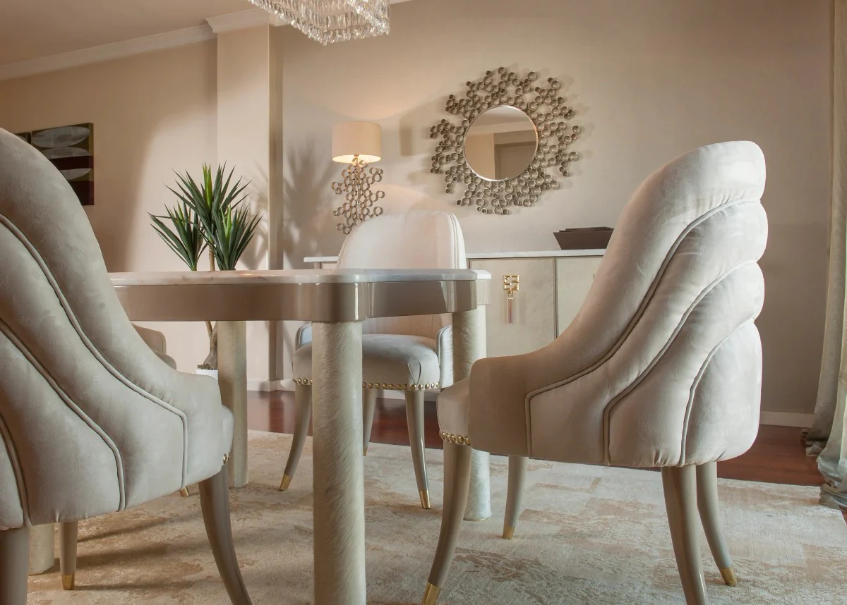Luxury dining room set cream / taupe / gray / gold - 1 marble dining table & 4 dining chairs with elegant velvet fabric - Luxury dining room furniture - Luxury quality - Made in Italy