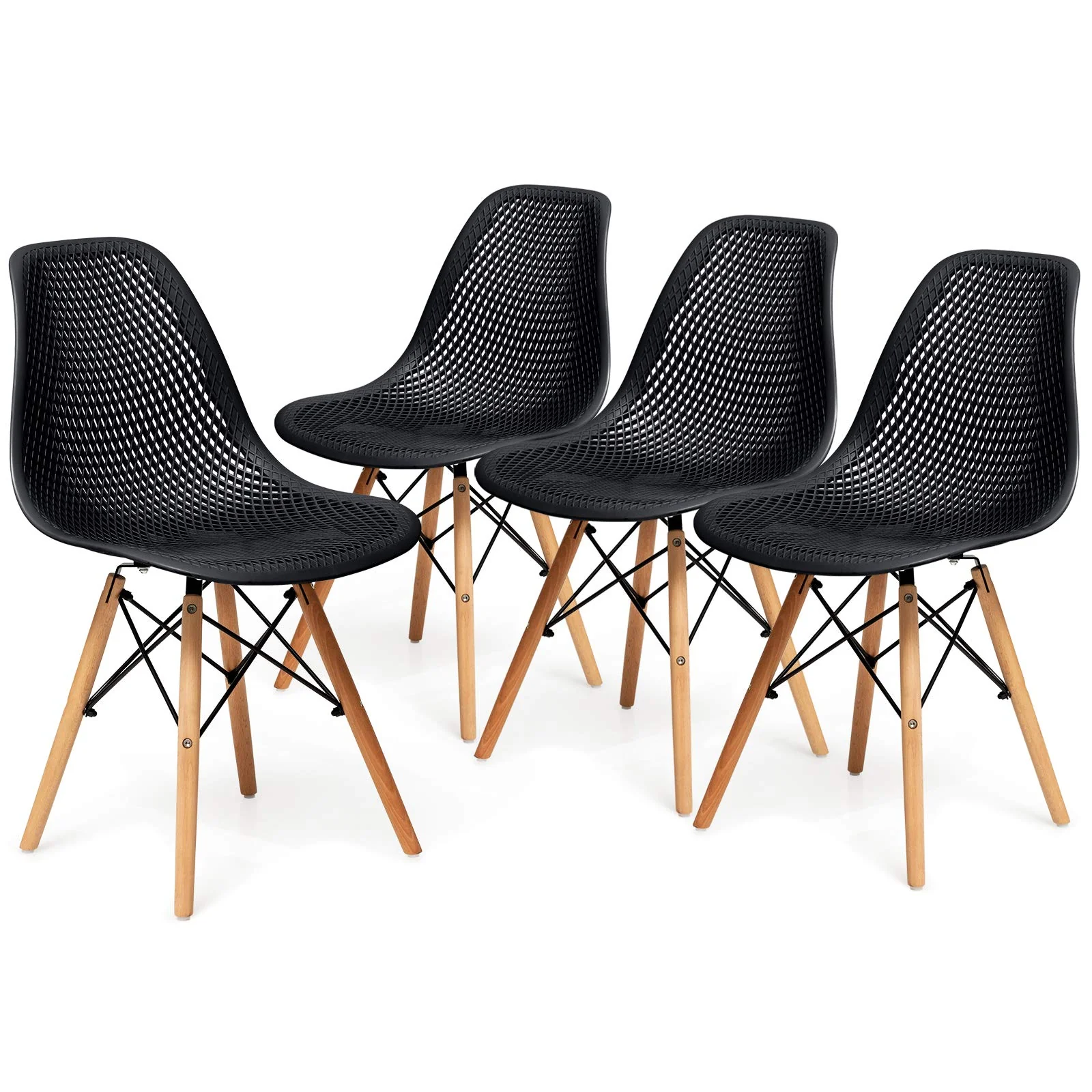 BEFOUNDLOVELY Set of 4 Modern Dining Chairs, Outdoor Indoor Shell PP Lounge Side Chairs with Mesh Design, Beech Wood Legs