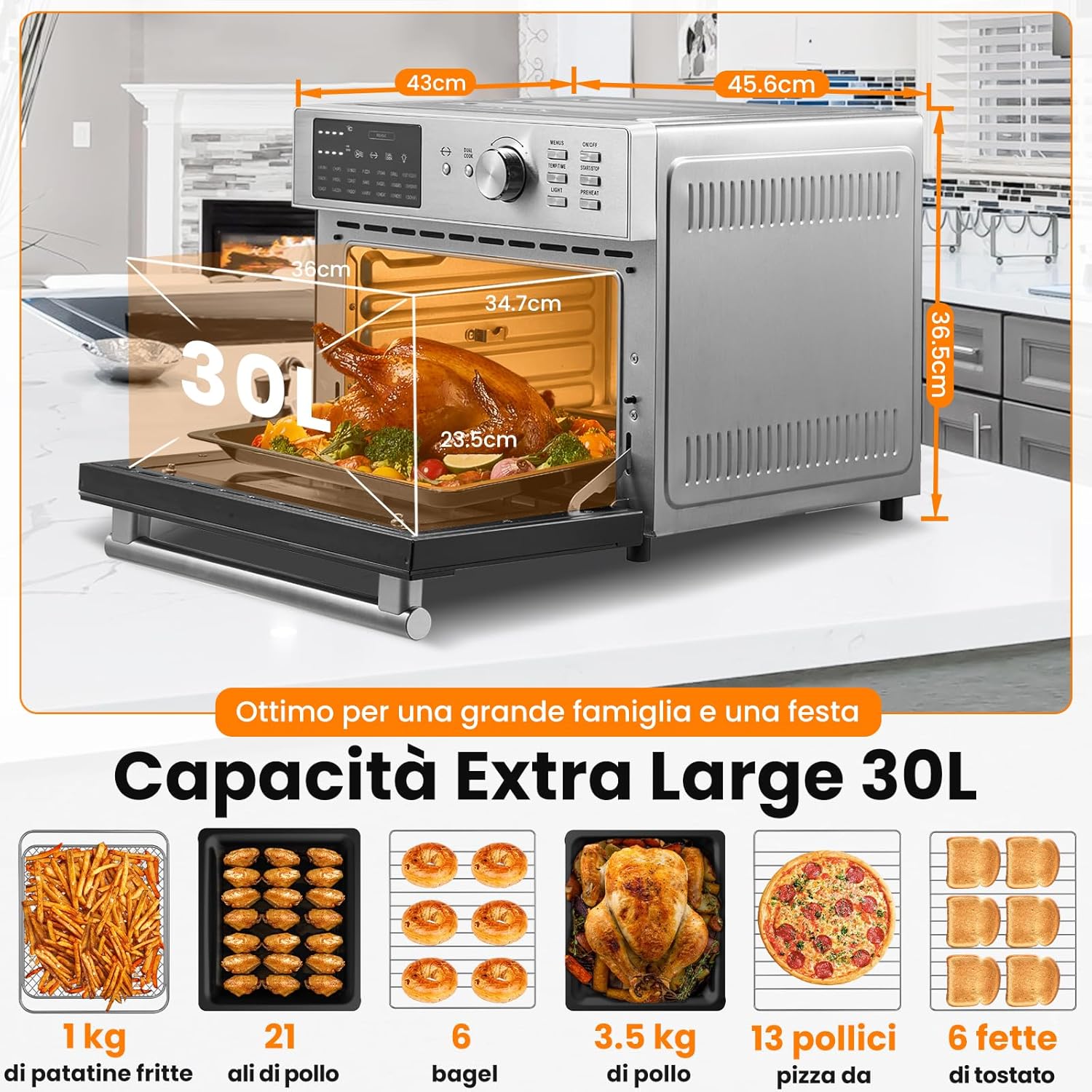 OIMIS Friggitrice ad Aria Calda, Forno multifunzione ad aria 30L, 21 in 1 Forno Elettrico Airfryer timer e temperatura regolabili con 7 accessori Fornetto senza olio certificazione CE, Argento 1800w