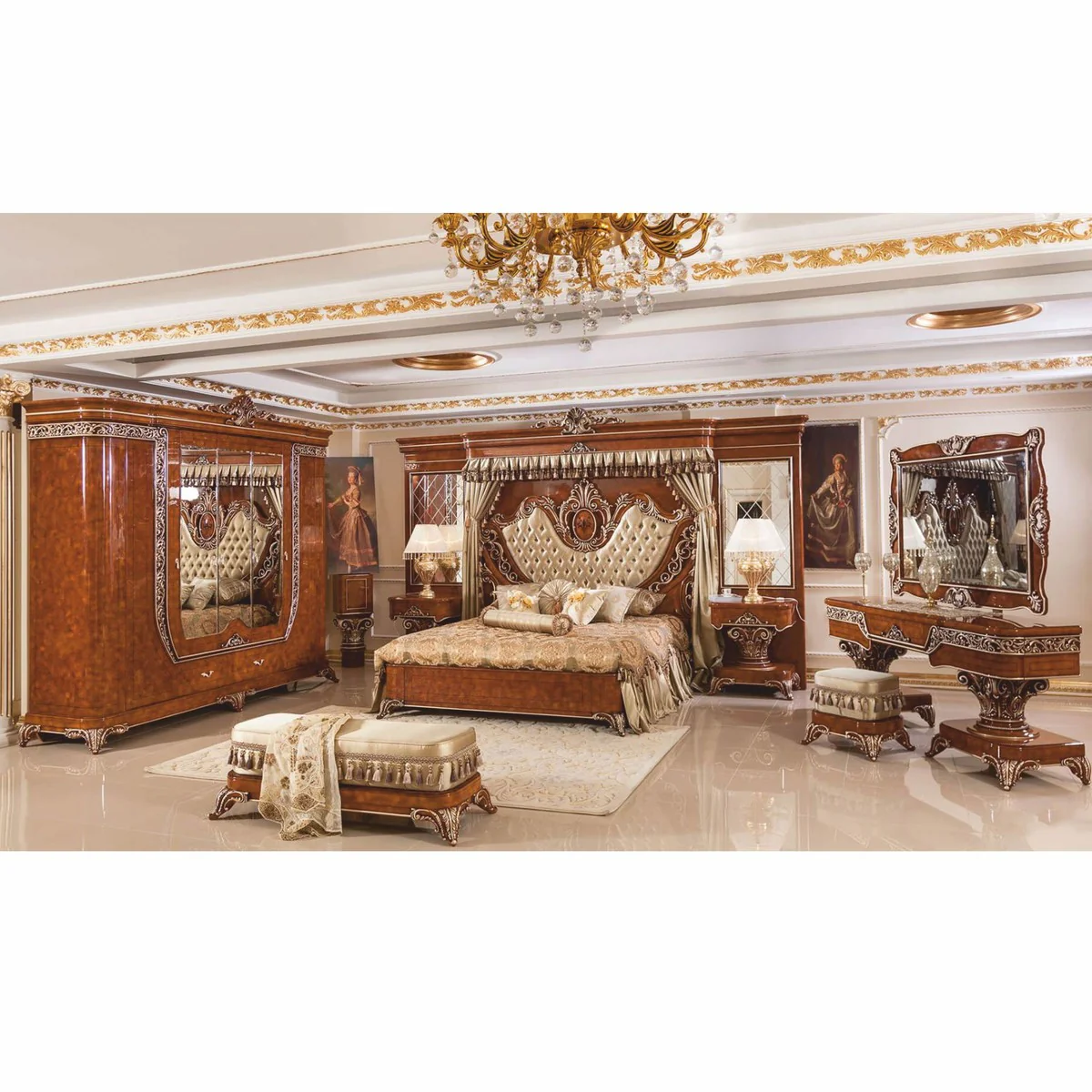 Luxury Baroque Dressing Table Set Brown / Bronze / Gold - Baroque Furniture