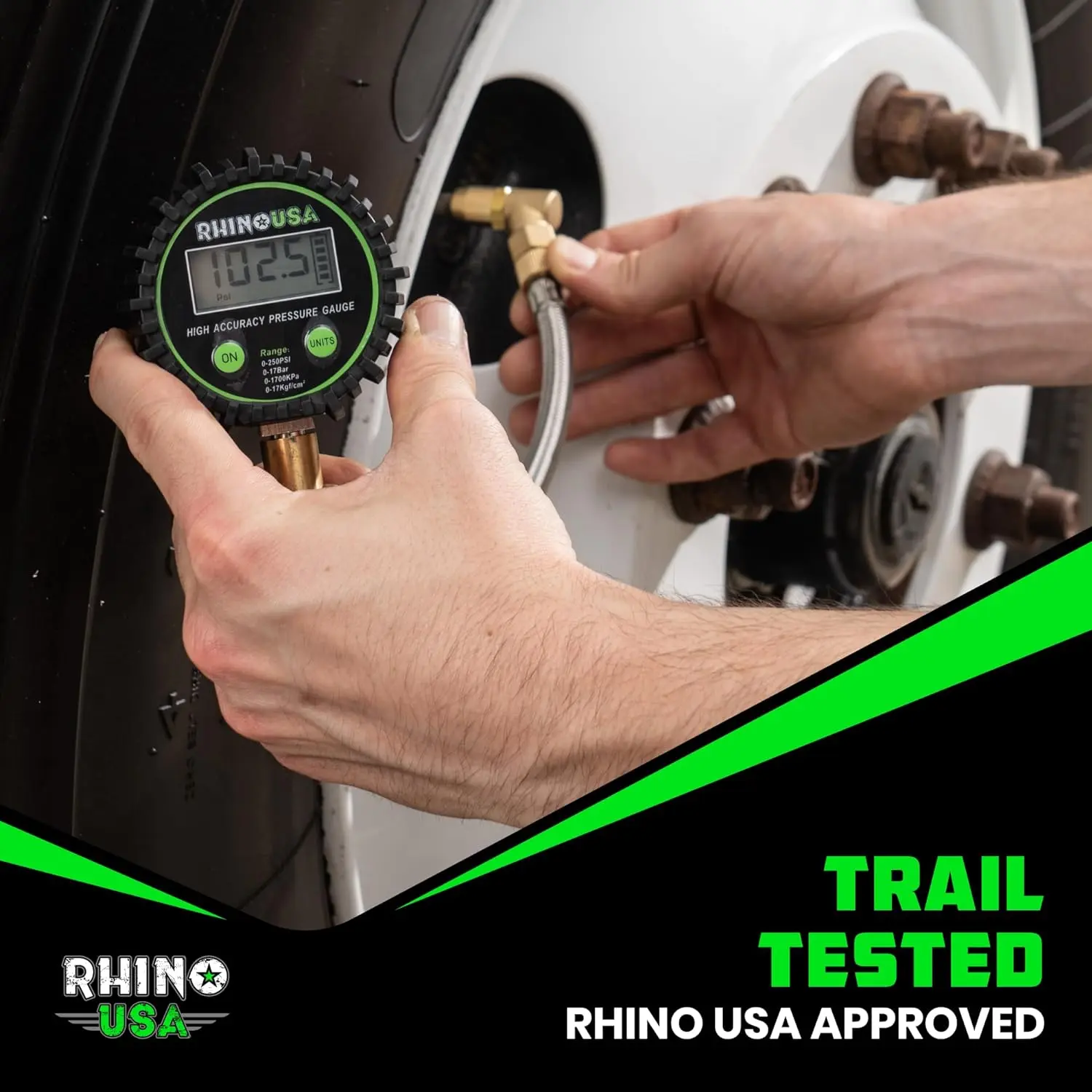 Rhino USA Heavy Duty Digital Tire Pressure Gauge (0-250 PSI) Professional ANSI B40.7 Accurate, Easy Read Glow Dial, Premium Braided Hose