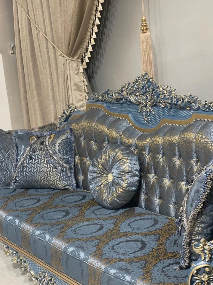 Luxury Baroque Living Room Set Blue / Gold - 2 Baroque Sofas & 2 Baroque Armchairs & 1 Baroque Coffee Table - Luxury Living Room Furniture in Baroque Style - Baroque Furniture - Noble & Ornate
