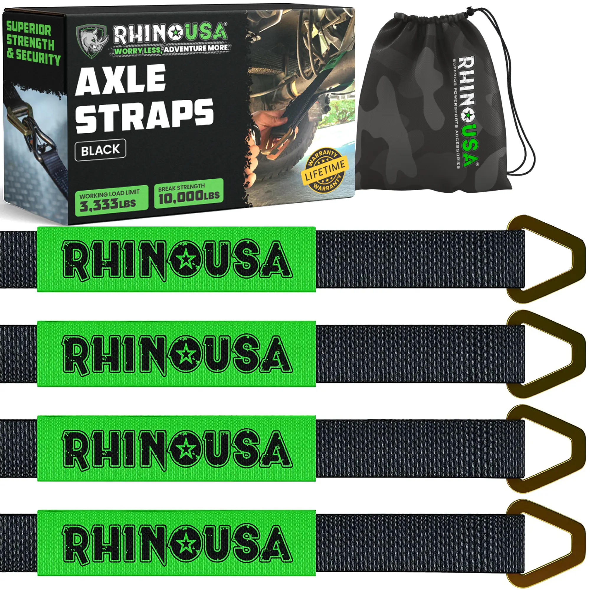 Rhino USA Axle Tie Down Straps, Lab Inspected 11,128lb Break Strength, Heavy Duty Protective Sleeve & D Ring for Car Engine Hoist, Truck & More 4 Pack