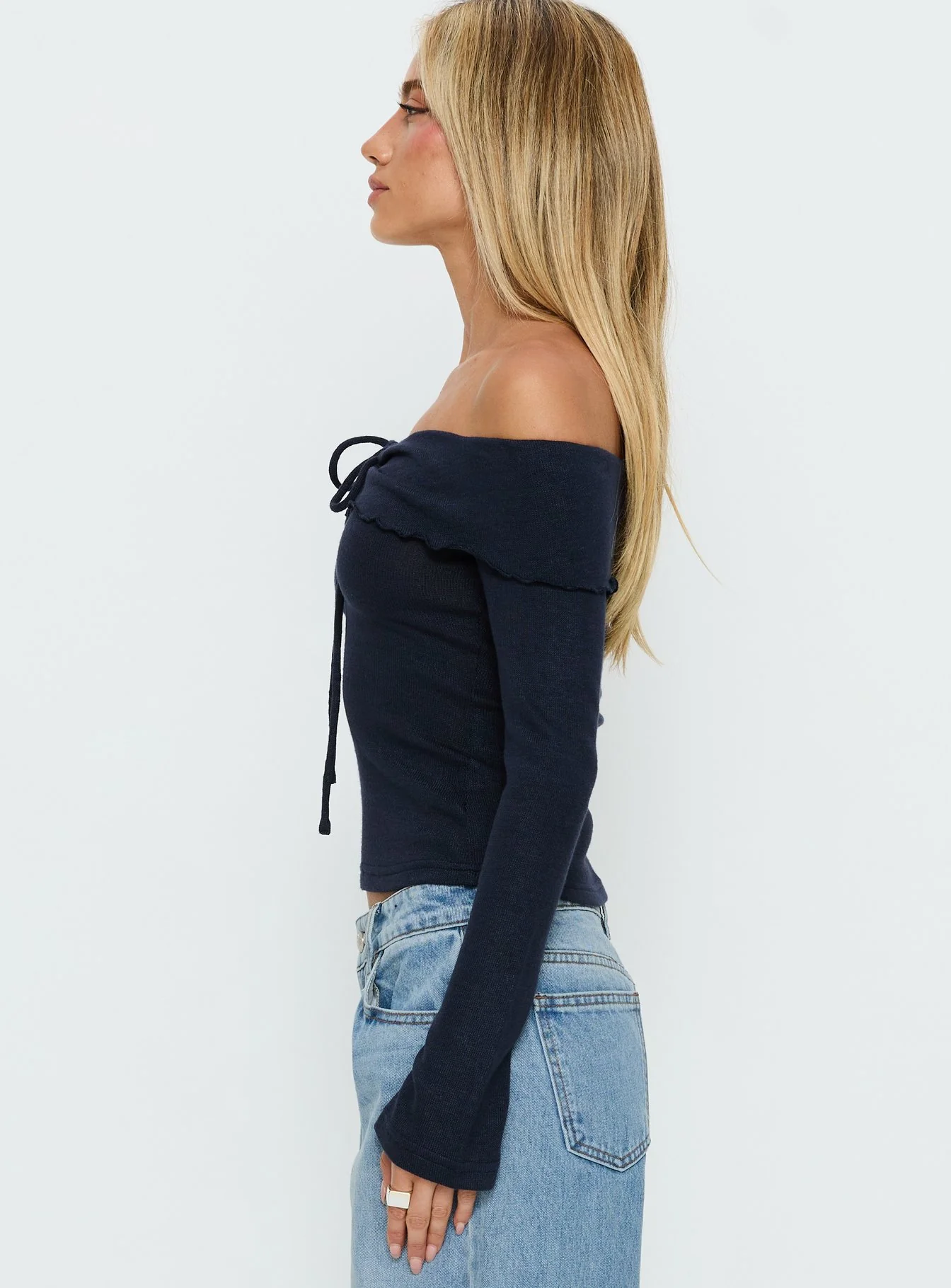 Sevanna Off Shoulder Long Sleeve Top Navy