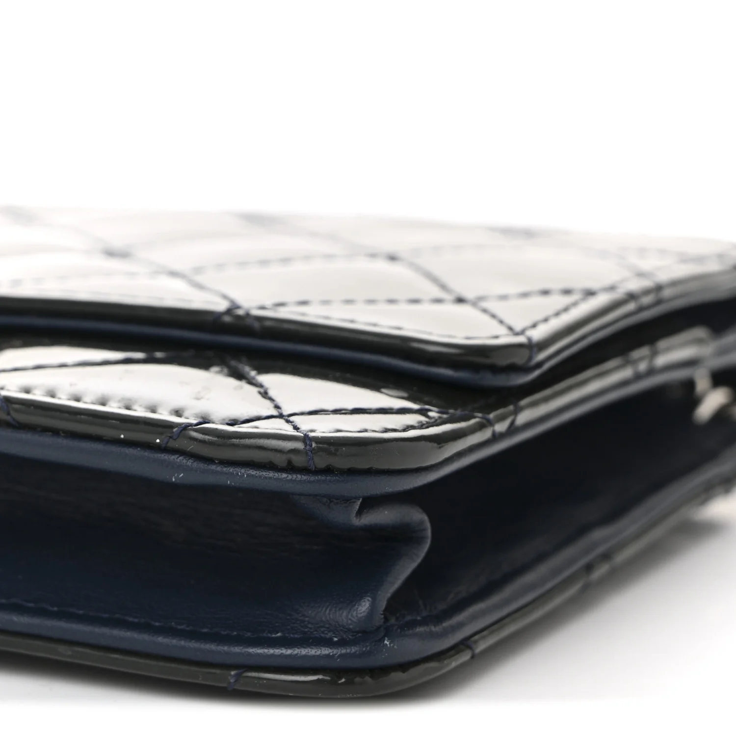Patent Quilted Wallet On Chain WOC Navy Blue - Top Club