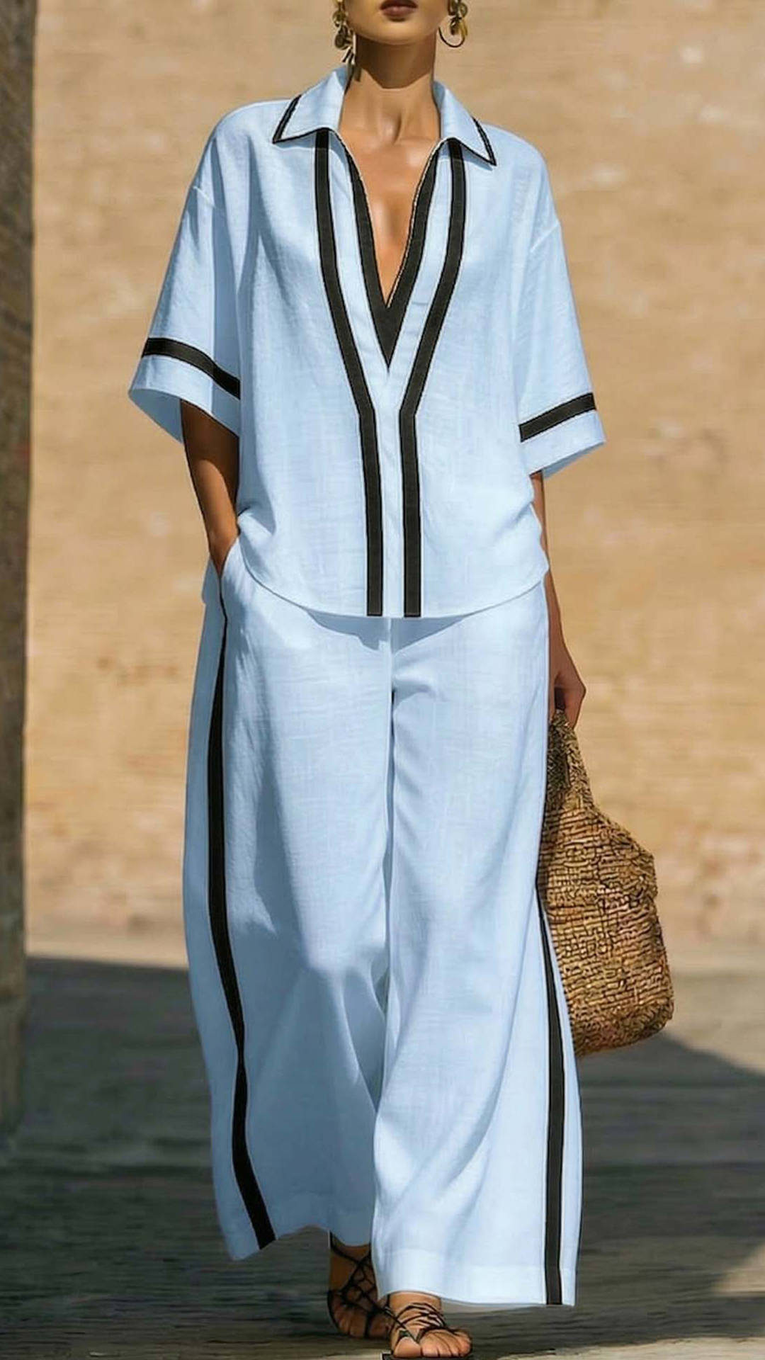 Women's Cotton-Blend Contrast Trim Co-Ord Set - Nordfashionstorm - Women's Clothing, Fashion for You - Nordfashionstorm.com